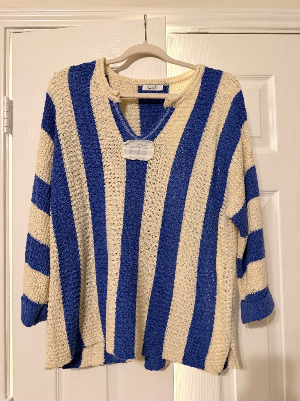Striped V-Neck Cozy Sweater - Blue & Cream - Picture 1 of 3